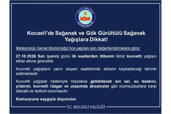 Kocaeli için kuvvetli yağış uyarısı
